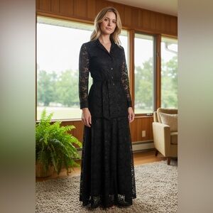 Vintage Style-Aire Dallas Small Skirt Top Set 70s Prairie Black Floral Lace EUC